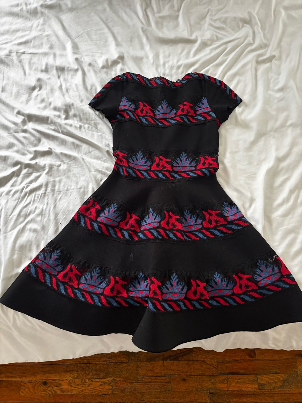 Valentino Black Fit-and-Flare Dress with Red & Blue Floral Trim